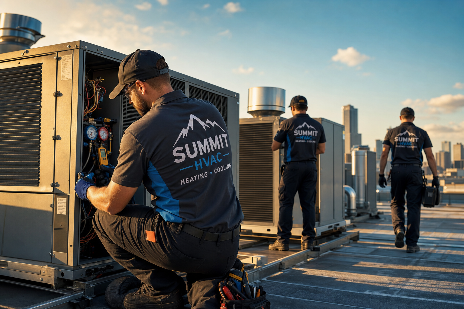 Professional HVAC technicians working on commercial equipment on a rooftop